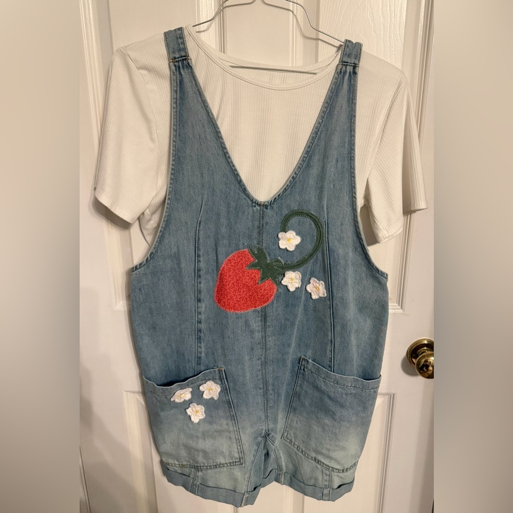 Denim Strawberry Patch Themed Embroidered Romper with Crop Top, M/L